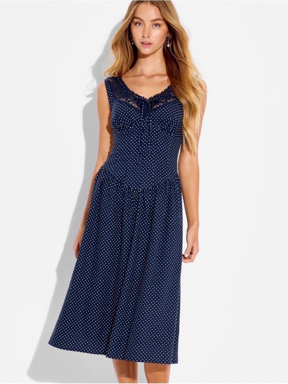Women's Button-Front Lace MIDI Dress - Wild Fable™ Navy Blue Polka Dots S